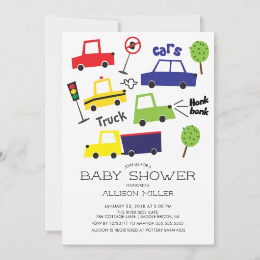 Kleurrijke auto's & vrachtwagens Baby shower Invit Kaart (Voorkant)