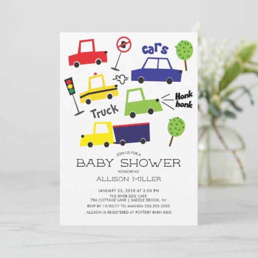 Kleurrijke auto's & vrachtwagens Baby shower Invit Kaart (Staand voorkant)