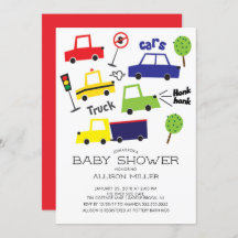 Kleurrijke auto's & vrachtwagens Baby shower Invit