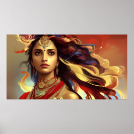 Kleurrijke Aziatisch Indiase vrouw rood goud Blauw Poster