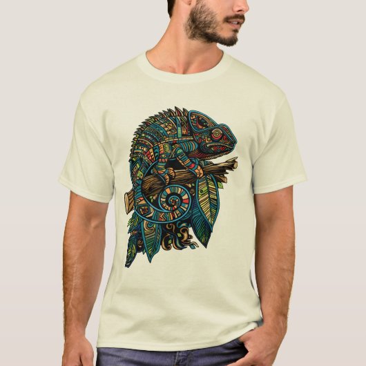 Kleurrijke Azteekse Mozaïek Kameleon op Branch Lea T-shirt (Voorkant)