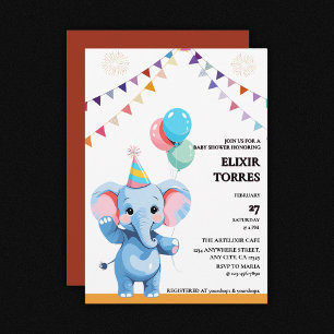 Kleurrijke Baby olifant met ballonnen Baby shower Kaart