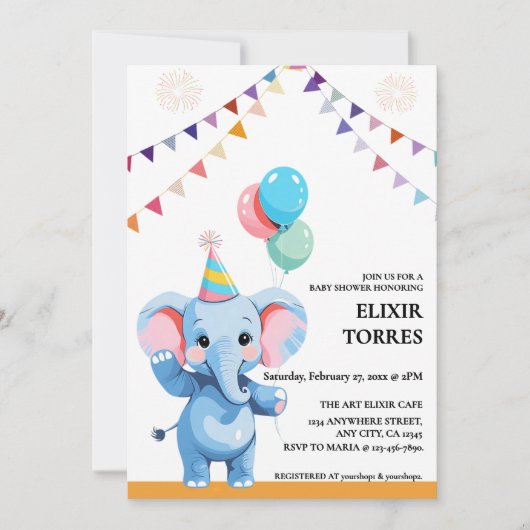 Kleurrijke Baby olifant met ballonnen Baby shower Kaart (Voorkant)