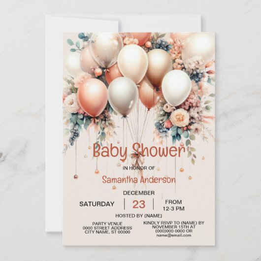 Kleurrijke baby shower perzik witte bloemige ballo kaart (Voorkant)