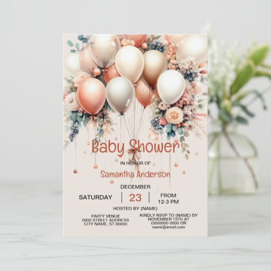 Kleurrijke baby shower perzik witte bloemige ballo kaart (Staand voorkant)