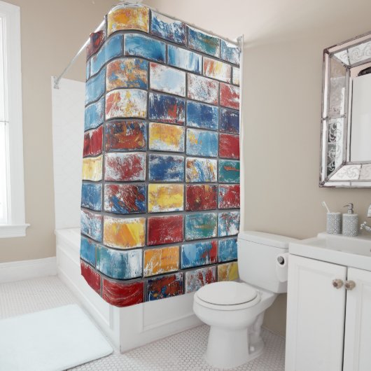 Kleurrijke bakstenen muur douchegordijn (In situ)