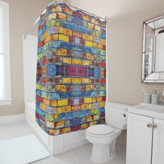 Kleurrijke bakstenen muur douchegordijn (In situ)