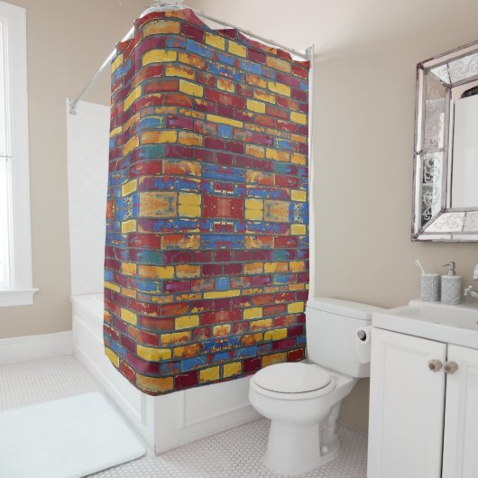 Kleurrijke bakstenen muur douchegordijn (In situ)