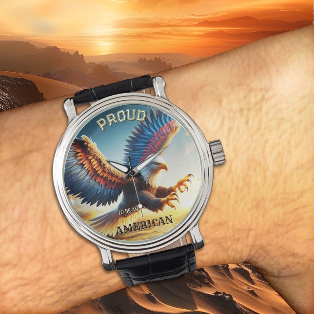 Kleurrijke Bald Eagle Classic Patriot Horloge (Watch featuring a colorful painting of a landing bald eagle with spread wings - patriot gift)
