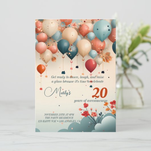 Kleurrijke Ballon Verjaardagsfeestuitnodiging Kaart (Staand voorkant)