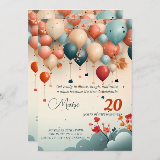 Kleurrijke Ballon Verjaardagsfeestuitnodiging Kaart (Voorkant / Achterkant)