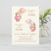 Kleurrijke Ballonnen Beer Meisjes Joint Birthday Kaart (Staand voorkant)