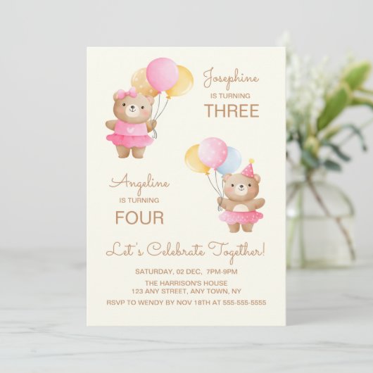 Kleurrijke Ballonnen Beer Meisjes Joint Birthday Kaart (Staand voorkant)