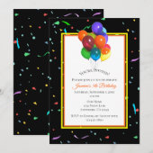 Kleurrijke Ballonnen & Confetti op Zwart | Partij Kaart (Voorkant / Achterkant)