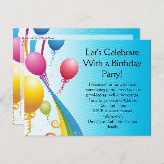 Kleurrijke ballonnen | Krullstonken Uitnodiging Briefkaart (Voorkant / Achterkant)