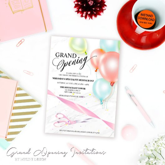 Kleurrijke ballonnen lint snijden grote opening kaart