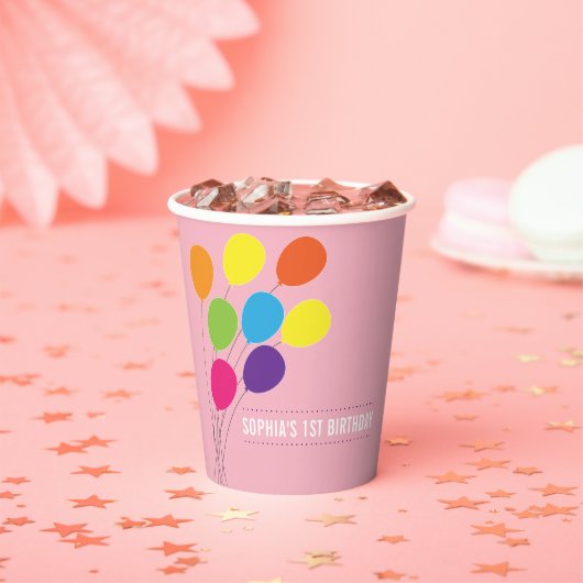 Kleurrijke Ballonnen Meisjes 1e Verjaardagsfeestje Papieren Bekers (Insitu)
