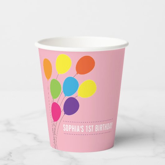 Kleurrijke Ballonnen Meisjes 1e Verjaardagsfeestje Papieren Bekers (Voorkant)