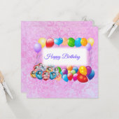 Kleurrijke ballonnen, roze verjaardag kaart (Voorkant / Achterkant in situ)