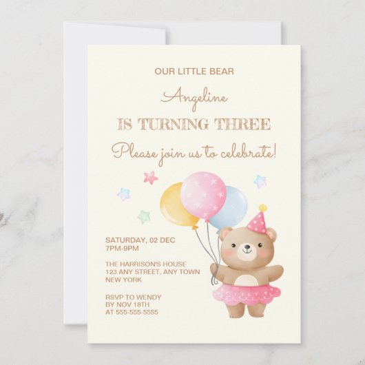Kleurrijke Ballonnen Schattige Beer Meisje 3e Verj Kaart (Voorkant)