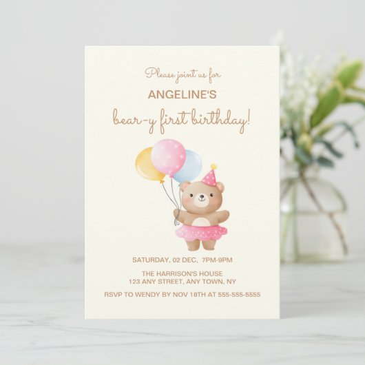 Kleurrijke Ballonnen Schattige Beer Meisje Verjaar Kaart (Staand voorkant)