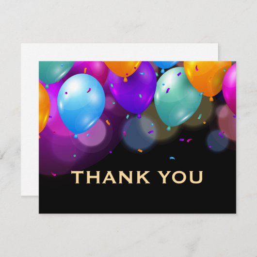 Kleurrijke Ballonnen Zwart en Goud Confetti Bedankkaart (Voorkant / Achterkant)