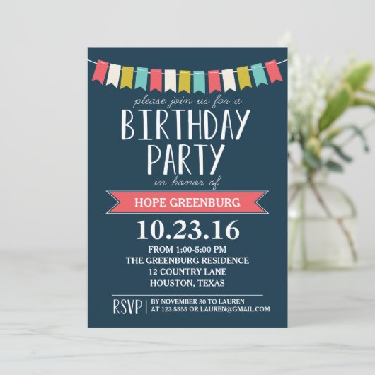 Kleurrijke Banners Donker Marine Blauw Verjaardags Kaart (Staand voorkant)