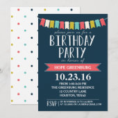 Kleurrijke Banners Donker Marine Blauw Verjaardags Kaart (Voorkant / Achterkant)