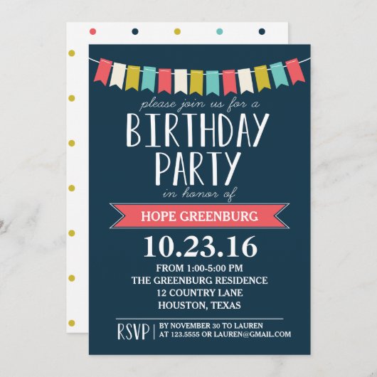 Kleurrijke Banners Donker Marine Blauw Verjaardags Kaart (Voorkant / Achterkant)