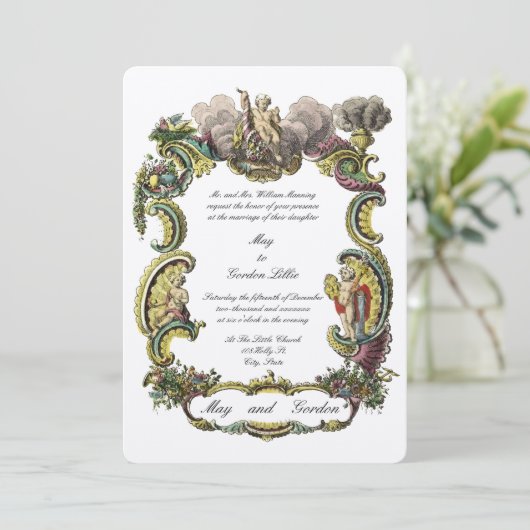 Kleurrijke barokrococo grens met cherubs, vogels kaart (Staand voorkant)