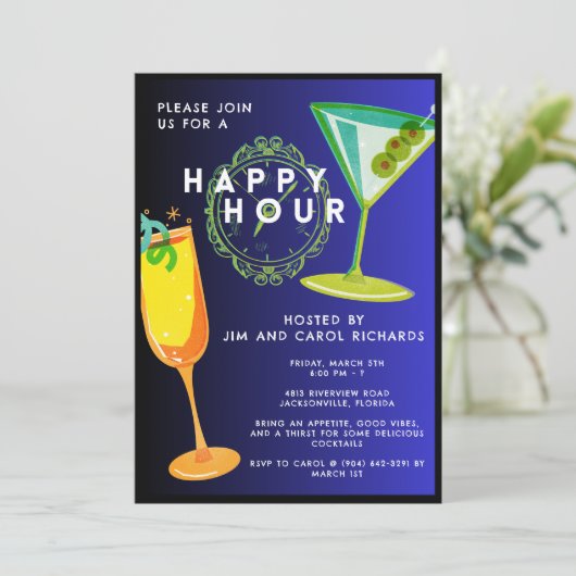 Kleurrijke Basic Happy Hour uitnodiging (Staand voorkant)