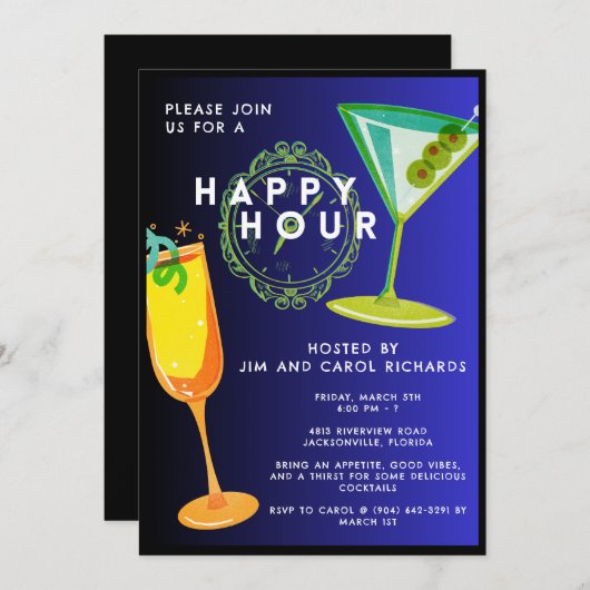 Kleurrijke Basic Happy Hour uitnodiging (Voorkant / Achterkant)