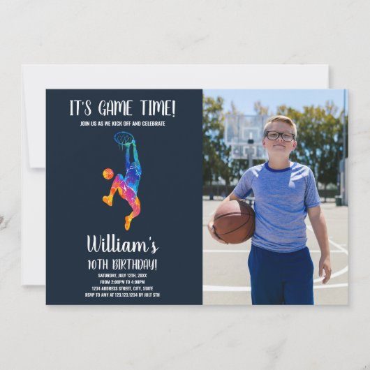 Kleurrijke Basketbal Verjaardag Uitnodiging met Fo (Voorkant)