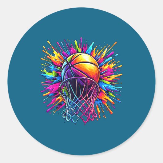 Kleurrijke Basketbalring Ronde Sticker (Voorkant)