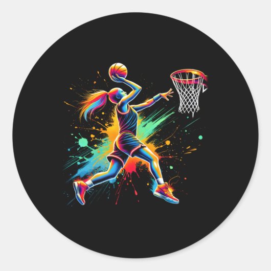 Kleurrijke basketbalspeler Meisjes Ronde Sticker (Voorkant)