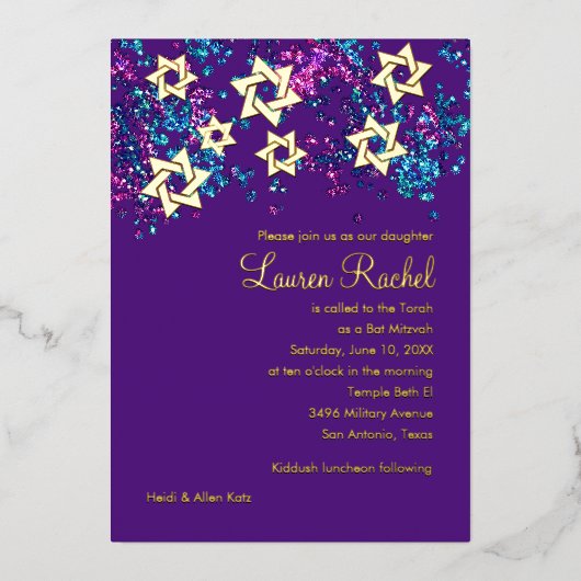 Kleurrijke Bat Mitzvah Gouden Ster Glitterende Con Folie Uitnodiging (Voorkant)