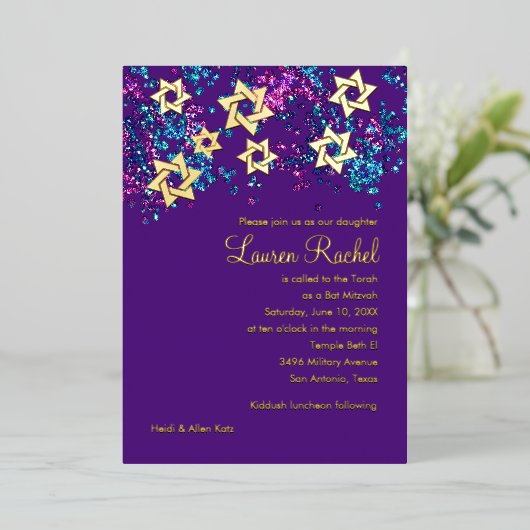 Kleurrijke Bat Mitzvah Gouden Ster Glitterende Con Folie Uitnodiging (Staand Voorkant)