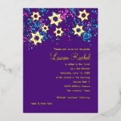 Kleurrijke Bat Mitzvah Gouden Ster Glitterige Conf Folie Uitnodiging (Voorkant)