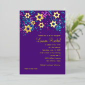 Kleurrijke Bat Mitzvah Gouden Ster Glitterige Conf Folie Uitnodiging (Staand Voorkant)