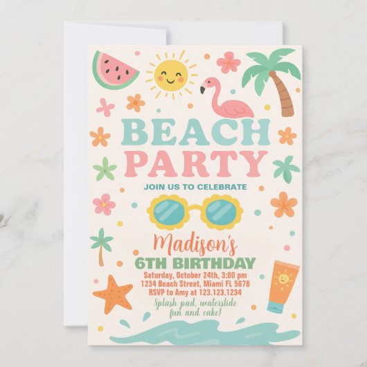 Kleurrijke Beach Party Verjaardag Uitnodiging & De (Voorkant)