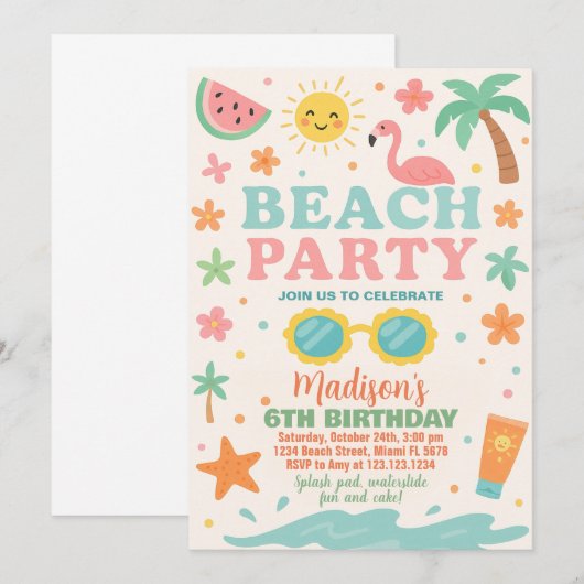 Kleurrijke Beach Party Verjaardag Uitnodiging & De (Voorkant / Achterkant)