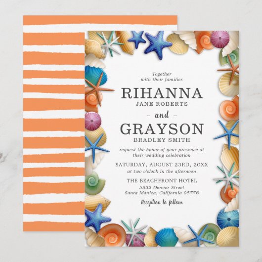 Kleurrijke Beach Seashell bruiloft Kaart (Voorkant / Achterkant)