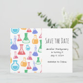 Kleurrijke Beakers en Flasks Science Patroon Save The Date (Staand voorkant)