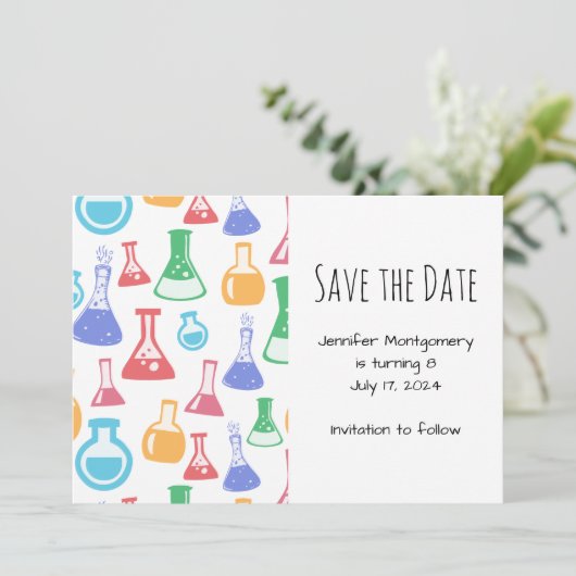 Kleurrijke Beakers en Flasks Science Patroon Save The Date (Staand voorkant)