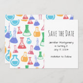 Kleurrijke Beakers en Flasks Science Patroon Save The Date (Voorkant / Achterkant)