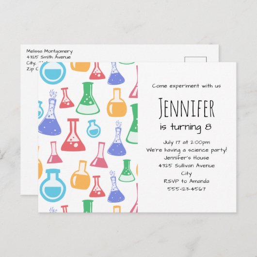 Kleurrijke Beakers en Flasks Science Patroon Uitnodiging Briefkaart (Voorkant / Achterkant)