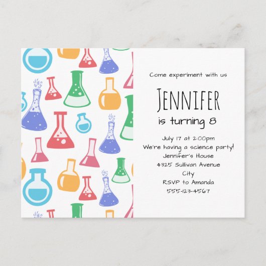 Kleurrijke Beakers en Flasks Science Patroon Uitnodiging Briefkaart (Voorkant)