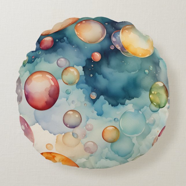 Kleurrijke Bellen Waterverf Kunst  Rond Kussen (Voorkant)