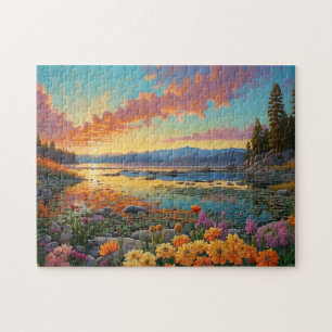 Kleurrijke bergmeer bloemen kunst legpuzzel