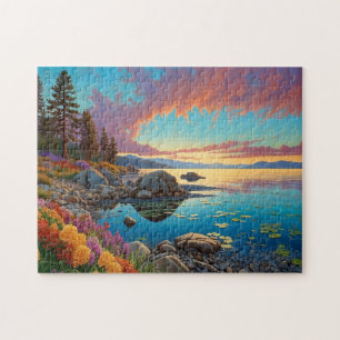 Kleurrijke bergmeer bloemen kunst legpuzzel